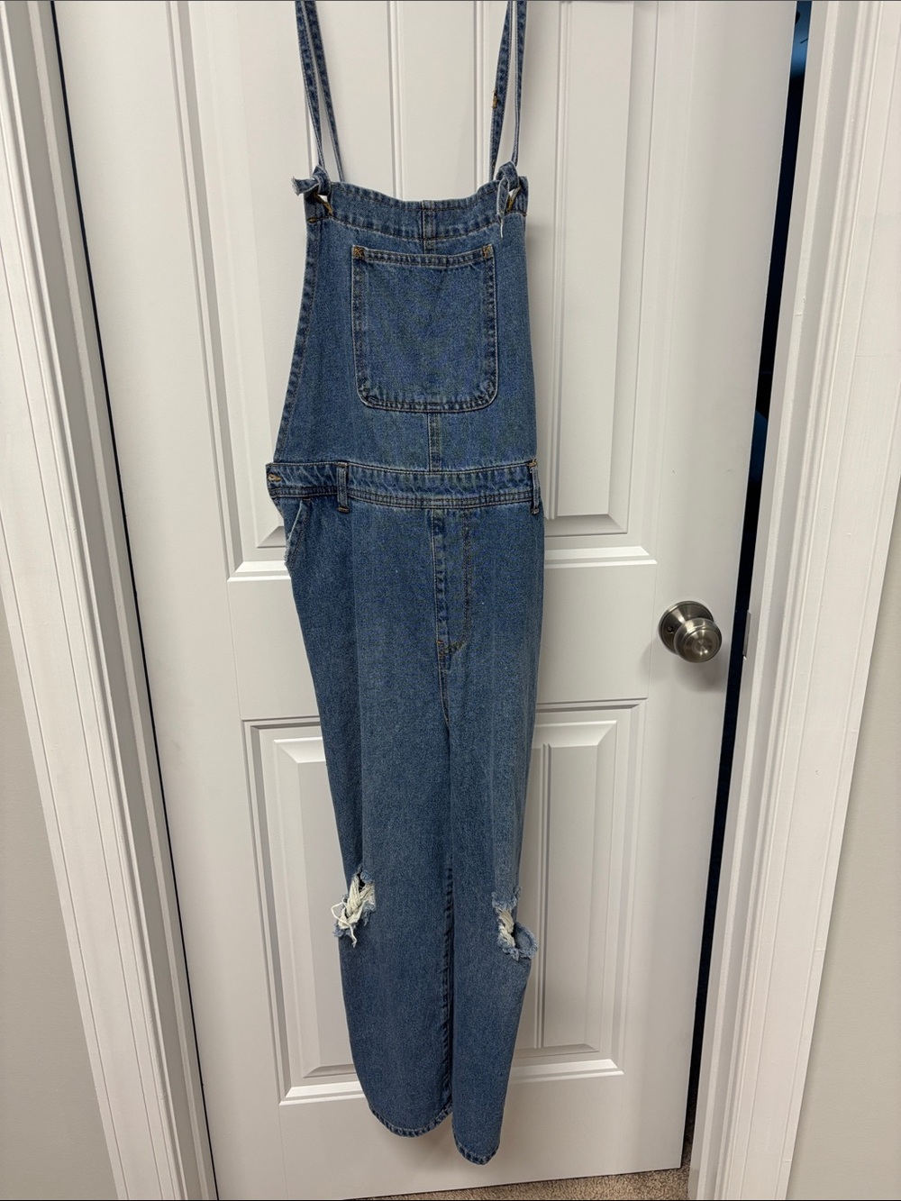 Forever 21 Women’s Blue Denim Overalls with Crossover Back & Distressed Knees